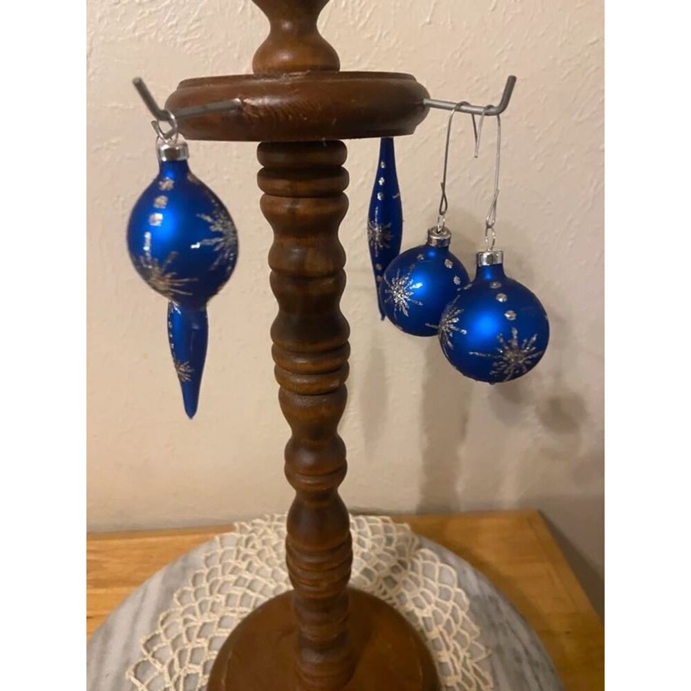 Vintage Cobalt Blue Glass Christmas Ornaments Lot of 5 - Snowflake & Starburst